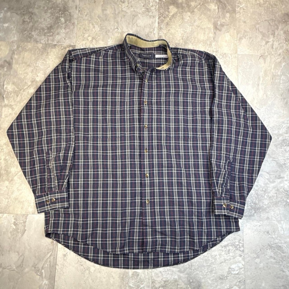 Vintage Navy Blue Van Heusen Plaid Button Up Shirt Large